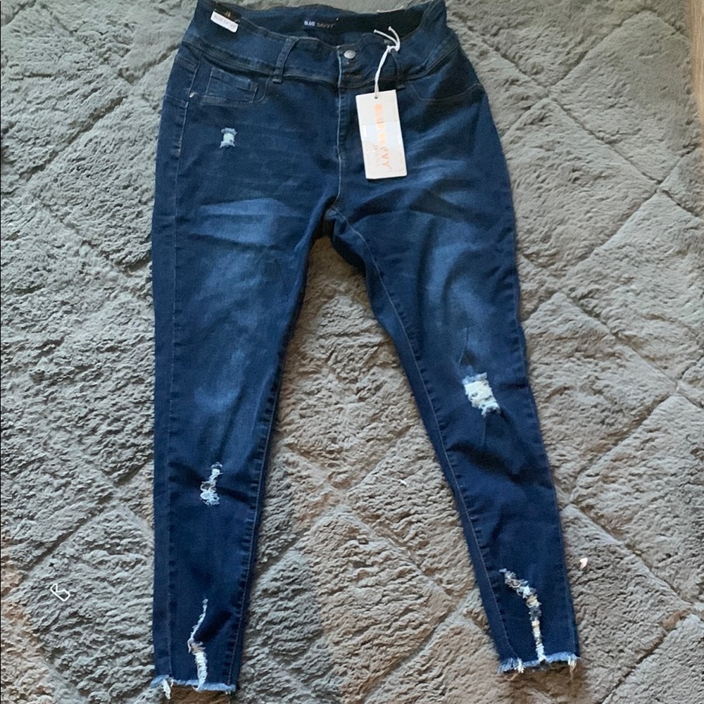 Blue Skinny Distressed Jeans with Frayed Hem